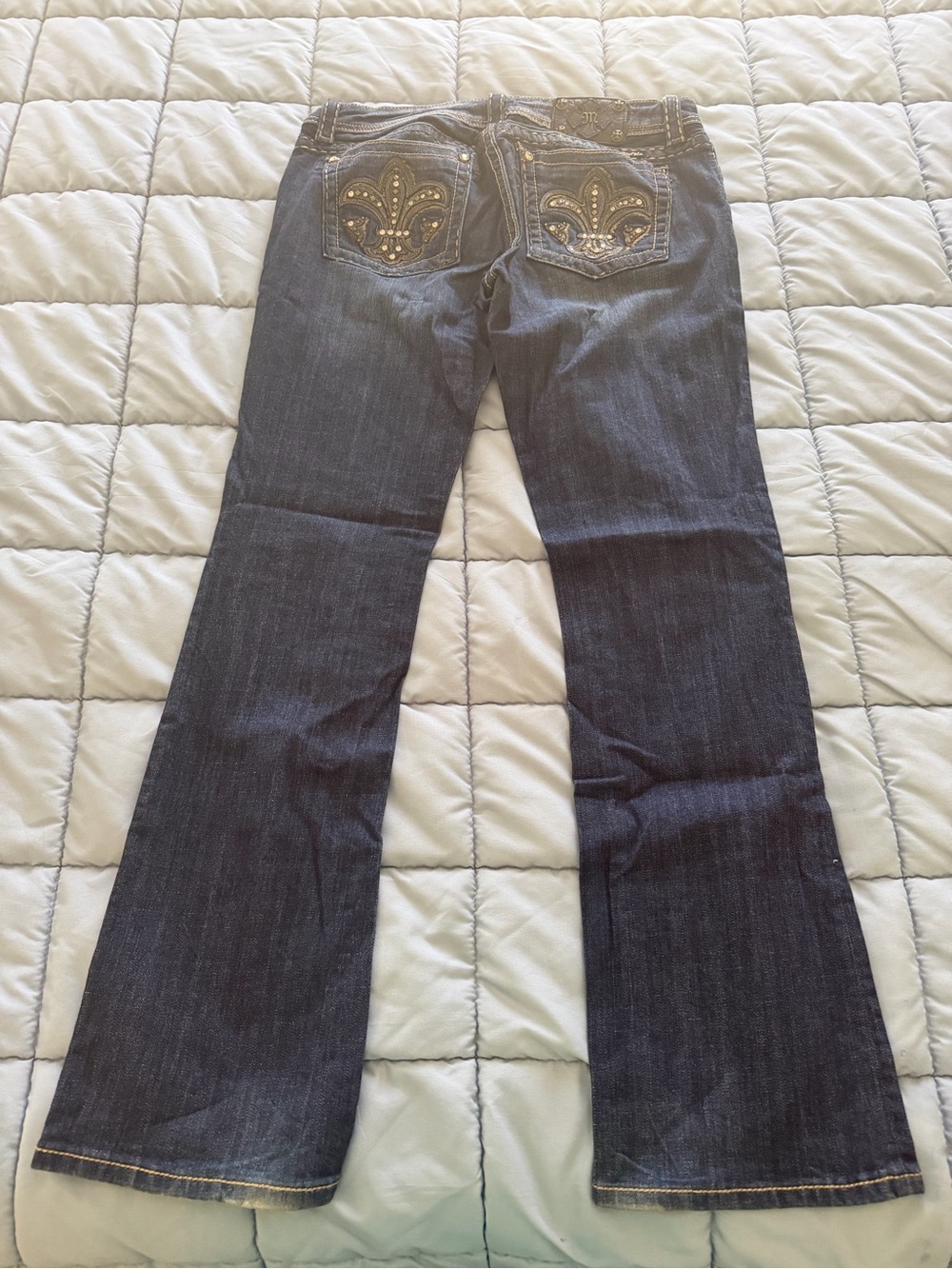 Miss Me Dark Blue Flare Jeans with Embellished Fleur-de-Lis Pockets